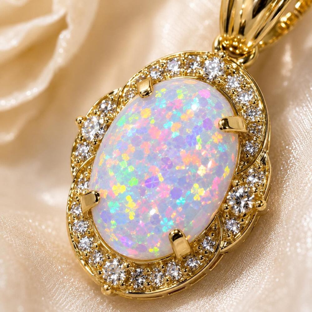 Large Synthetic Opal Pendant Necklace, Gold Tone Rhinestone Halo Statement Piece
